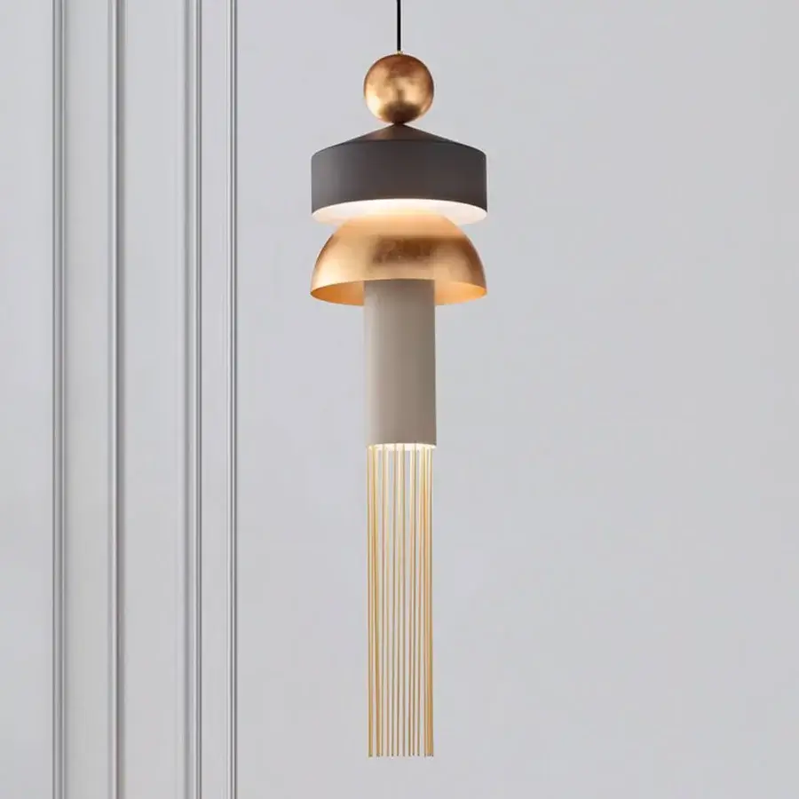 Superior Masiero Nappe XL-XM suspension lamp crafted with painted metal and Pyrex diffusers in brown leather with dark gray and gold tones