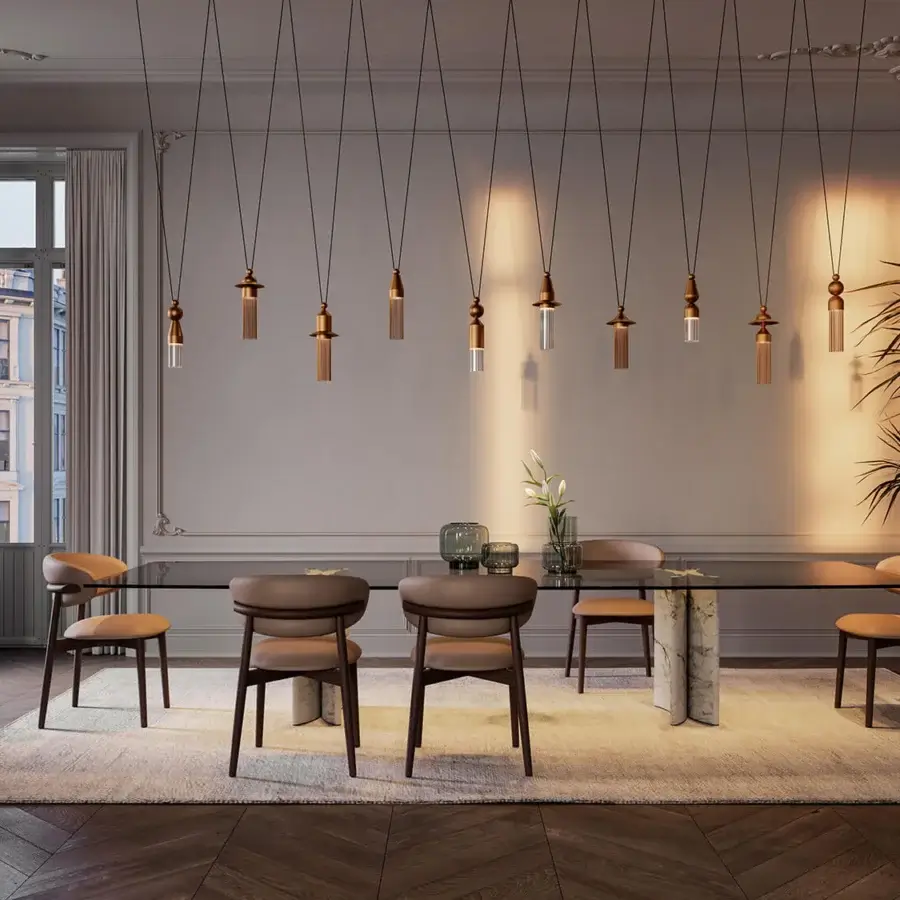 Exceptional Masiero Nappe suspension lamp with a warm gold tone and bronze accents crafted in metal with Pyrex diffusers