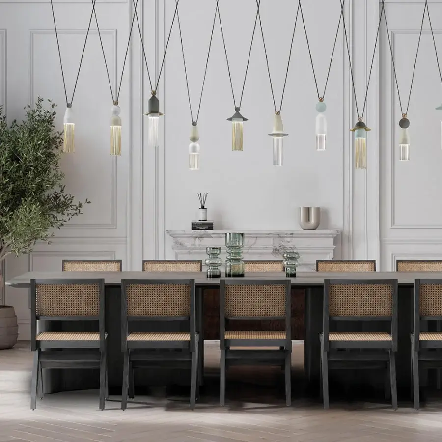 Superior Masiero Nappe suspension lamp with a cylindrical silhouette in green painted metal and Pyrex diffusers with matte finish