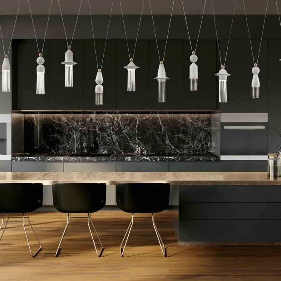 Elegant Masiero Nappe suspension lamp crafted in dark gray painted metal with metallic accents and Pyrex diffusers