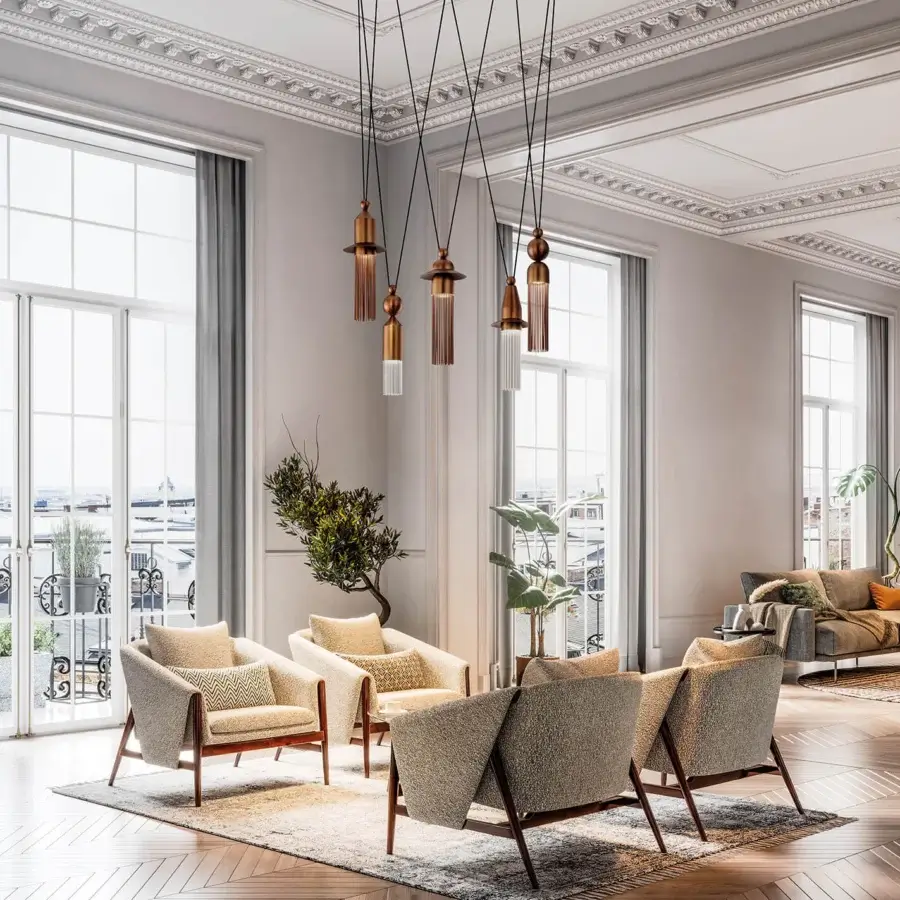 Elegant Masiero Nappe suspension lamp with tiered composition in painted metal and Pyrex diffusers with bronze finish