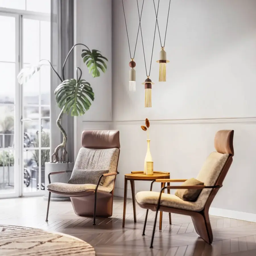 Distinguished Masiero Nappe suspension lamp crafted with layered cylindrical shades in brown leather and Pyrex with a matte surface