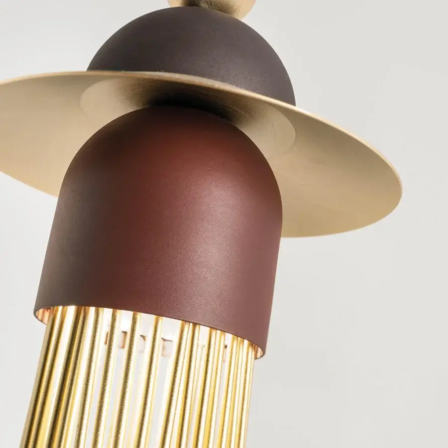 Exclusive Masiero Nappe suspension lamp with tiered cylindrical form in brown leather and bright gold tone metal