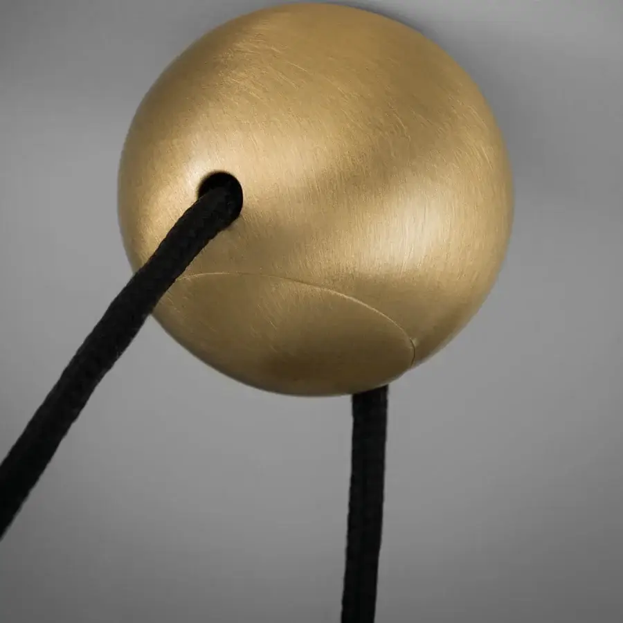 Distinguished Masiero Nappe suspension lamp crafted in warm gold painted metal with Pyrex diffusers and exclusive brown leather detail