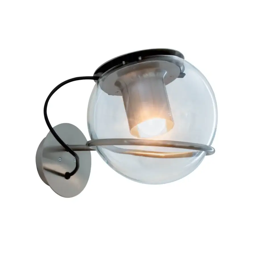 Exclusive Oluce Globe wall lamp crafted in Italy with a transparent blown-glass globe and brushed metal reflector