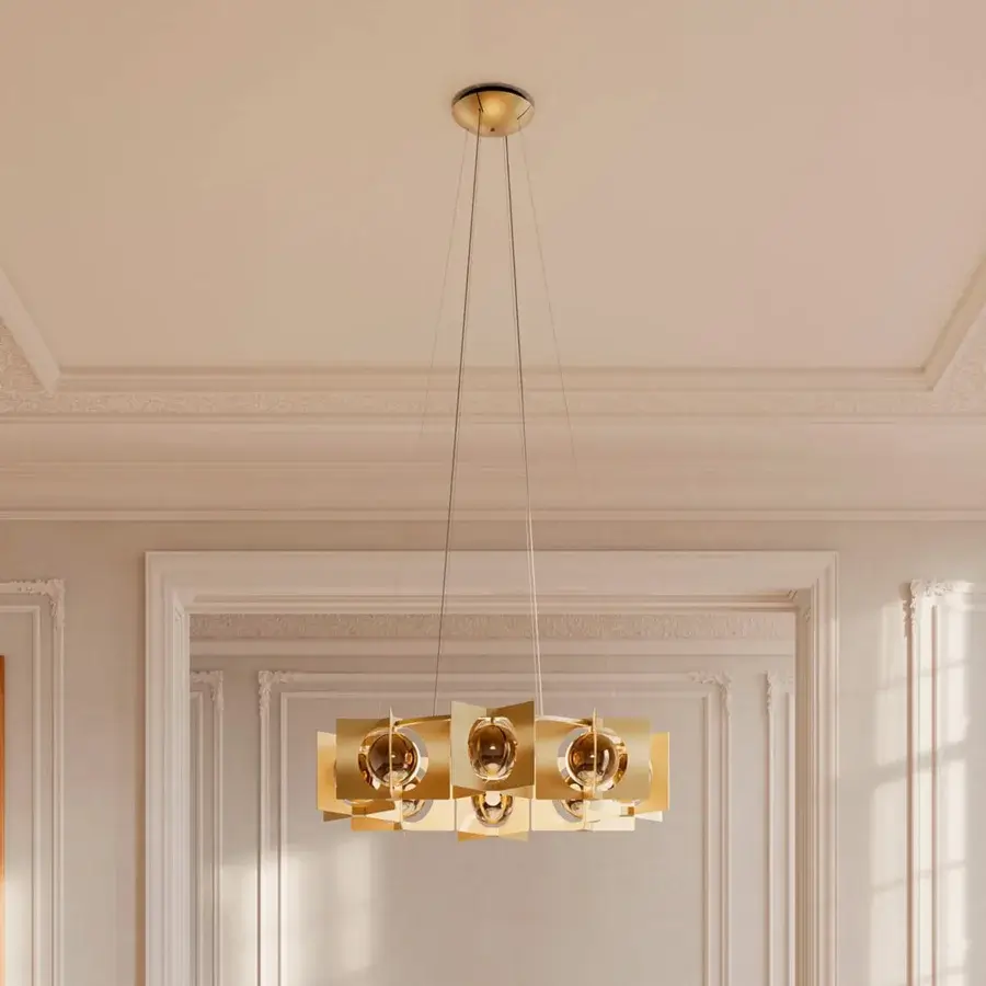 Exceptional Masiero Girouette suspension lamp crafted in metal with a cross-satin finish, nickel-plated in gold and transparent glass globes