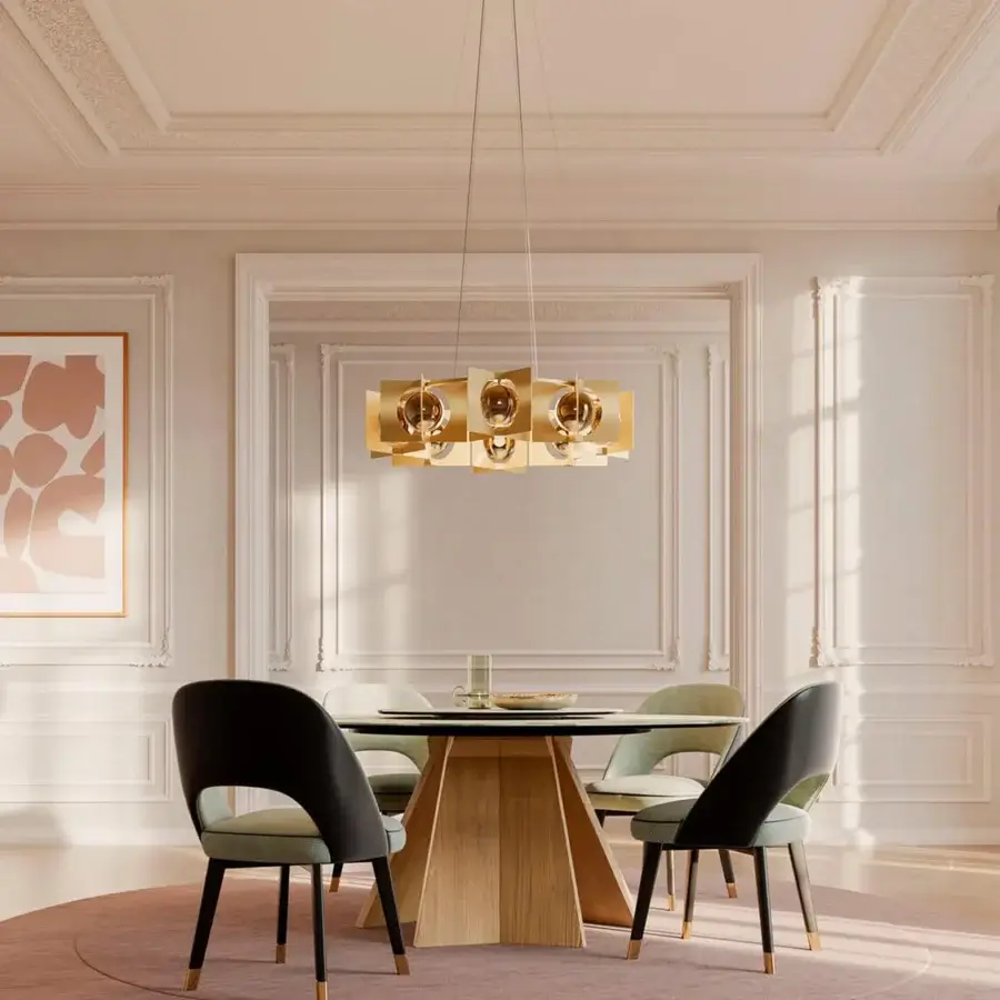 Lavish Masiero Girouette suspension lamp crafted in metal with cross-satin finish, nickel-plated gold and faded dichroic glass sphere