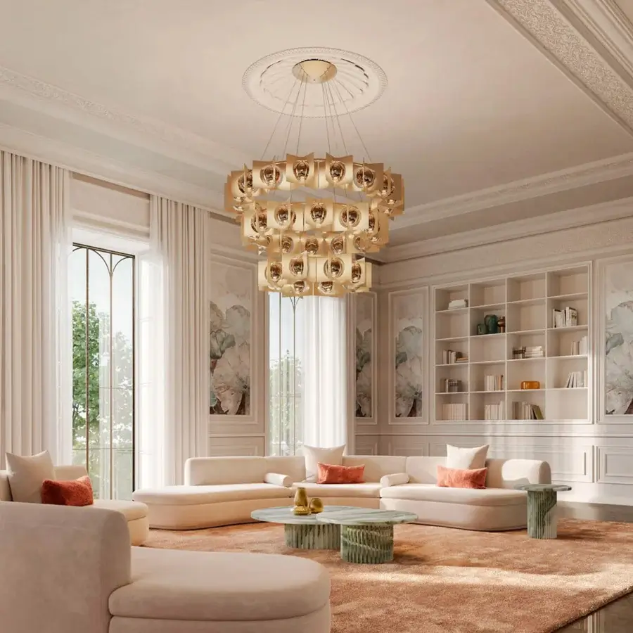 Distinguished Masiero Girouette suspension lamp crafted in gold-toned metal with cross-satin finish and nickel-plated construction