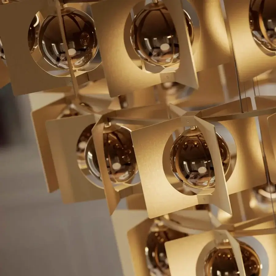 Exclusive Masiero Girouette suspension lamp in geometric metal with gold galvanic bath and dichroic glass sphere