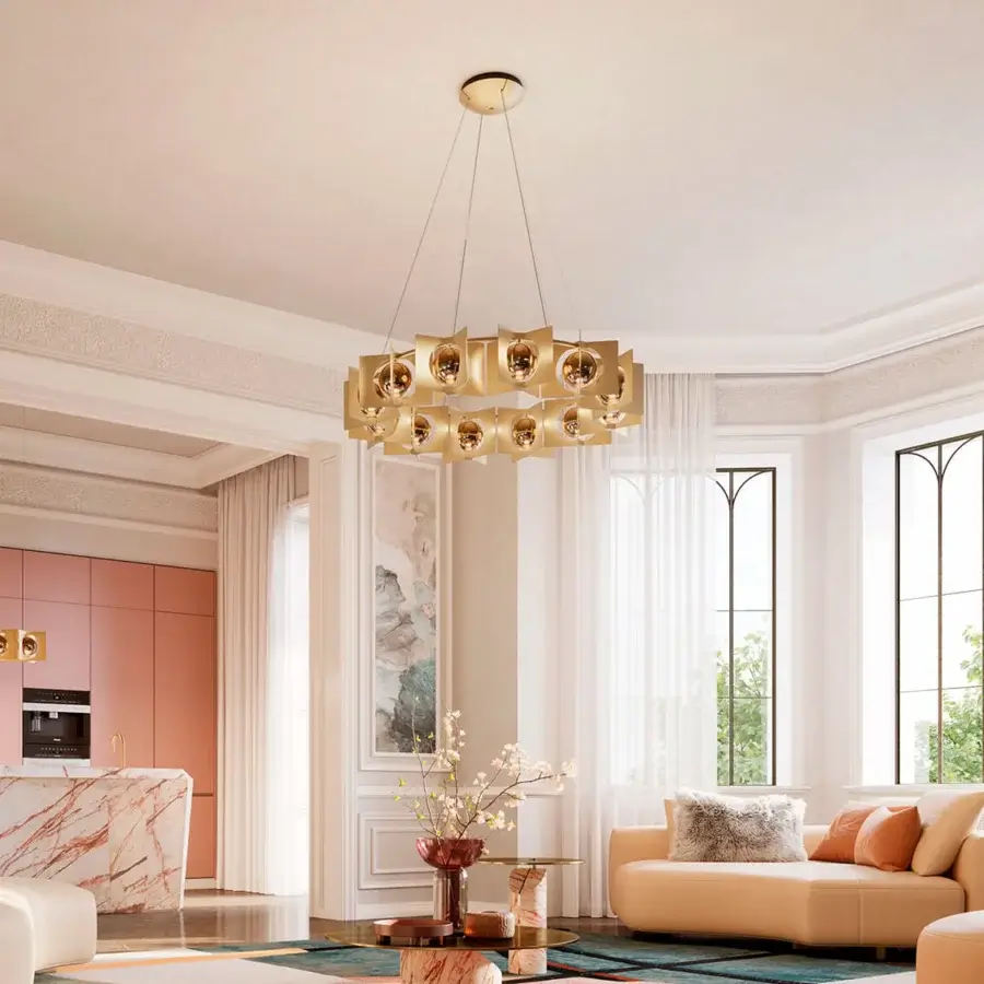 Lavish Masiero Girouette suspension lamp in geometric metal with gold galvanic bath and cross-satin finish