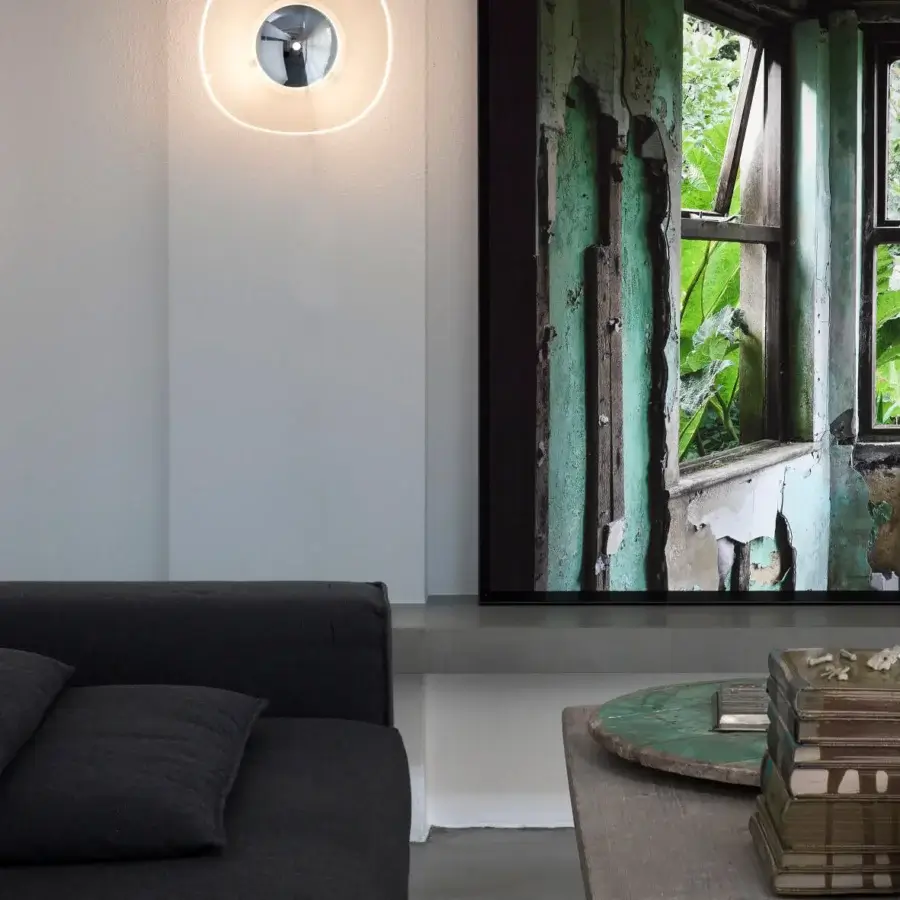 Distinctive Oluce Yolk wall lamp crafted in Italy with metal and glass, presenting a satin metallic gray finish and warm white glow