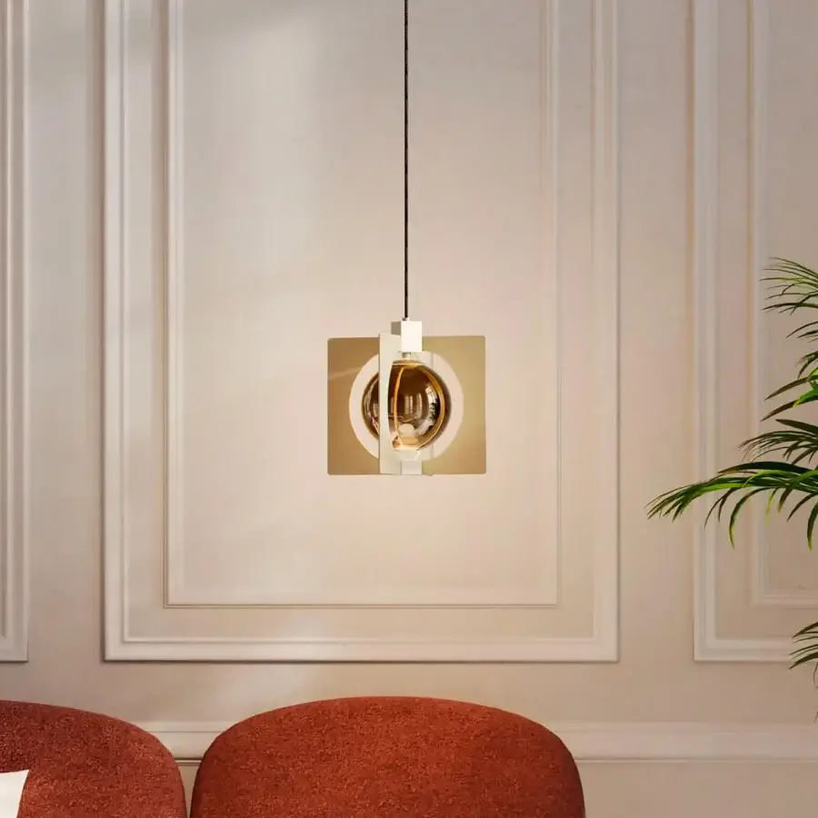 Exquisite Masiero Girouette suspension lamp crafted in metal with cross-satin gold finish and faded dichroic gold borosilicate glass