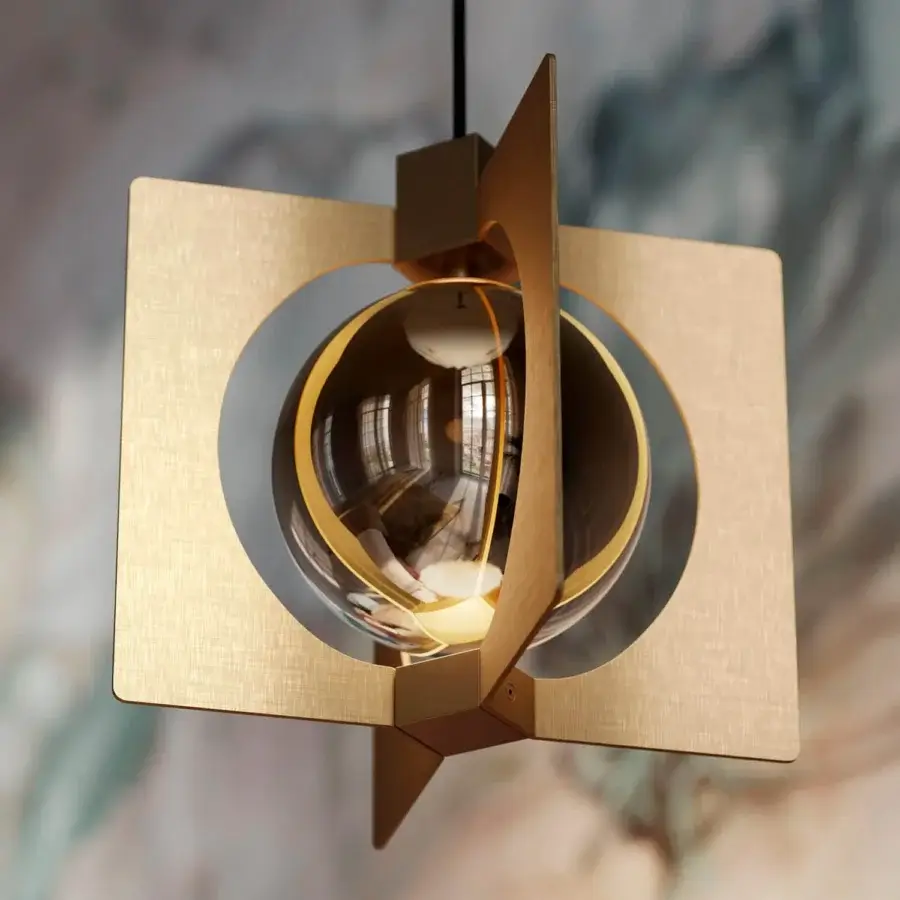 Distinguished Masiero Girouette suspension lamp in gold-plated metal with faded dichroic glass and cross-satin finish