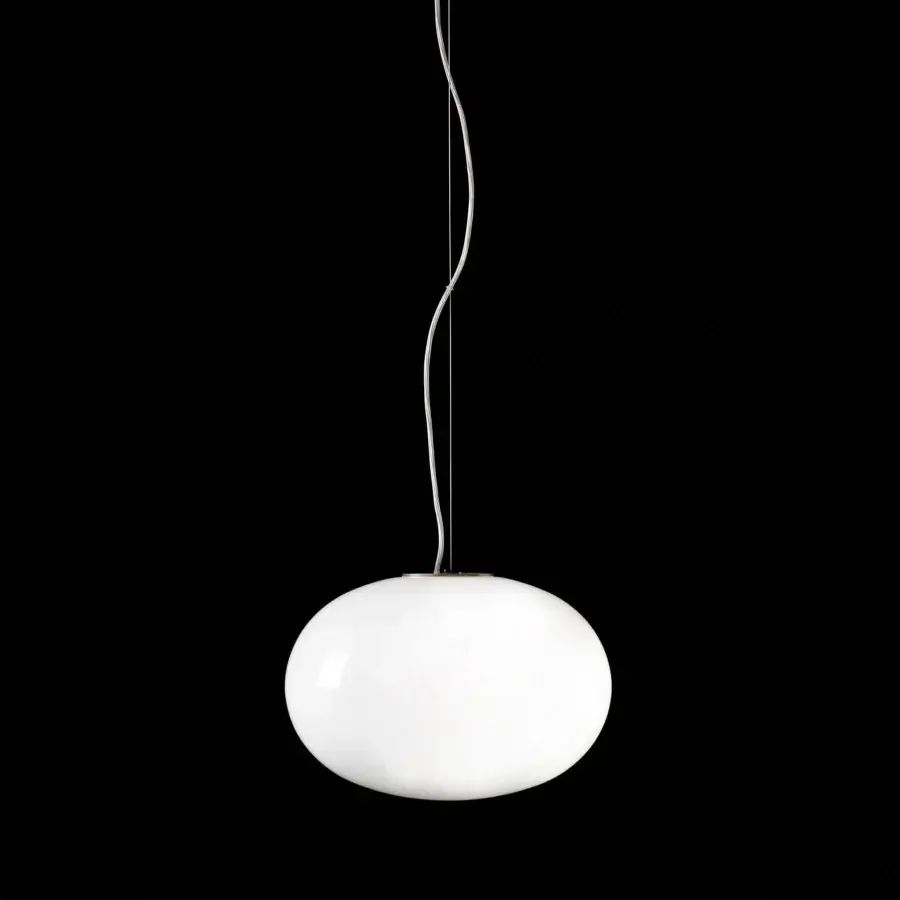 Elegant Oluce Alba suspension lamp in translucent white with a satin-finish metal cable embodies graceful luminous design