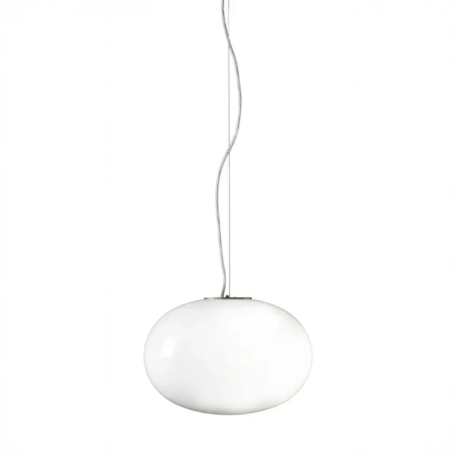Exceptional Oluce Alba suspension lamp in glossy white glass with a satin-finish metal cable offering balanced geometry