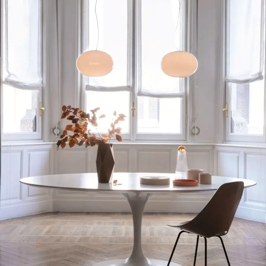 Superior Oluce Alba suspension lamp in pale peach opaque glass with a smooth satin finish