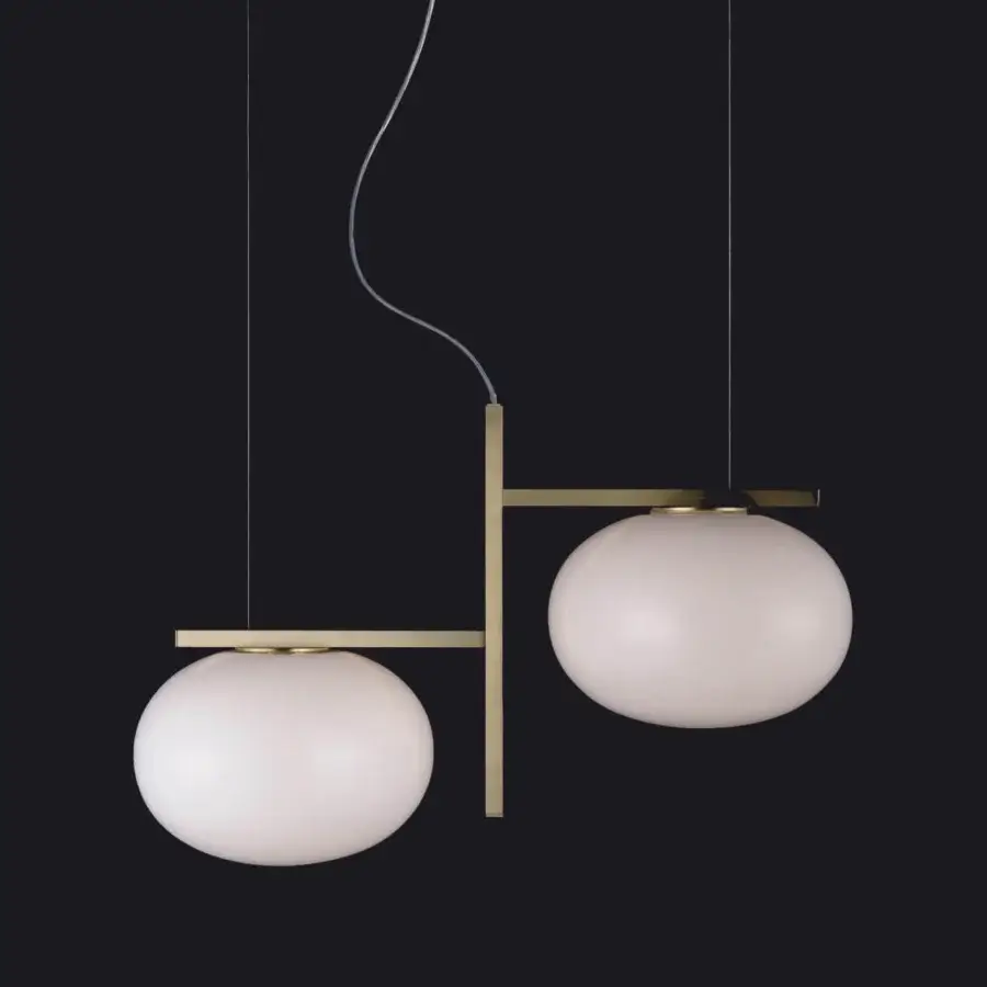 Exceptional Oluce Alba suspension lamp in opaline glass with a satin gold-finished metal structure creating diffused illumination