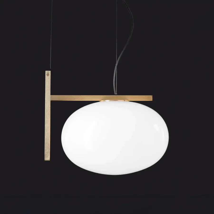 Distinguished Oluce Alba suspension lamp in frosted glass with delicate black cables and satin-finish hardwood mounting
