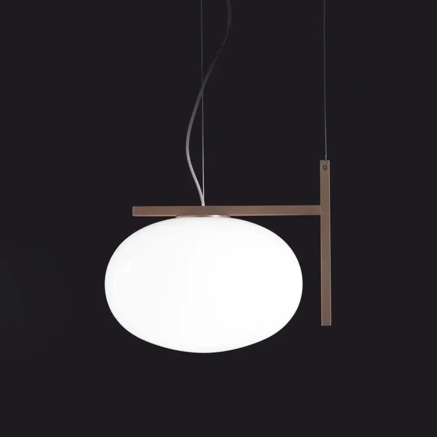 Superior Oluce Alba suspension lamp in frosted glass with a warm-toned, brushed metal frame crafted with balanced proportions