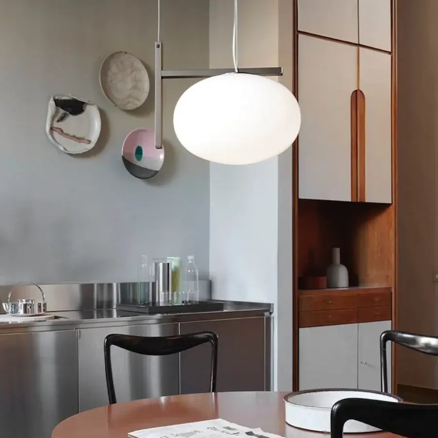 Distinguished Oluce Alba suspension lamp in translucent white glass with a light gray metallic canopy crafted in Italy