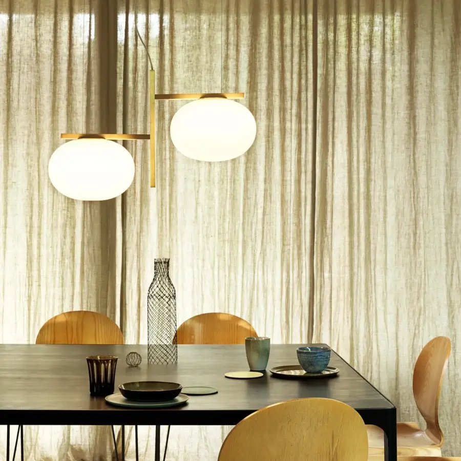 Elegant Oluce Alba suspension lamp in opaline glass with a satin gold-finished metal structure
