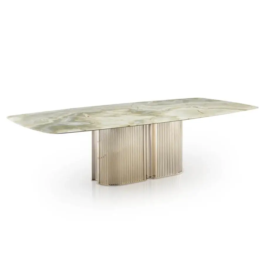 Distinguished DV Home Collection Windsor lounge table with creamy white and pale green veined marble and light gold satin tone stainless steel base