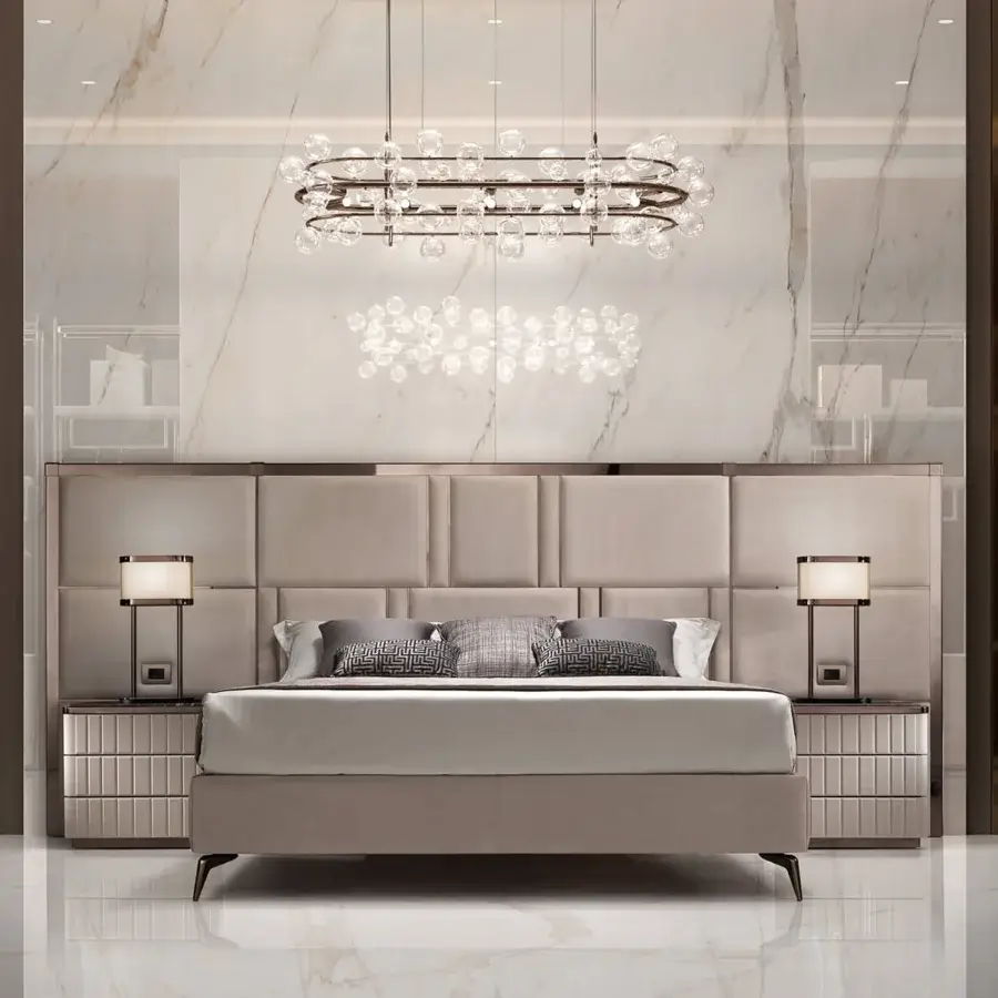 Distinguished DV Home Collection Majestic suspension lamp with a sculptural metal frame and handcrafted glass spheres in bright silver finish