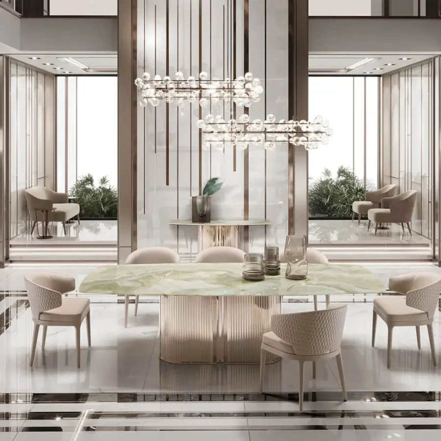 Exceptional DV Home Collection Majestic suspension lamp with sculptural metal and handcrafted glass spheres in a glossy silver finish
