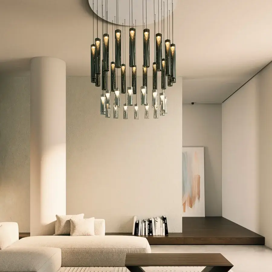 Elegant Penta Iconica suspension lamp in borosilicate glass and darkened metal with a dynamic interplay of transparent capsule forms