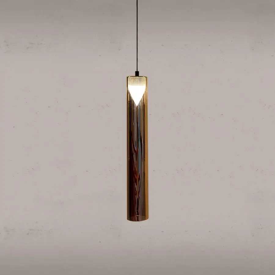 Superior Penta Iconica suspension lamp in borosilicate glass with a clear to amber gradient and sculptural frosted white element