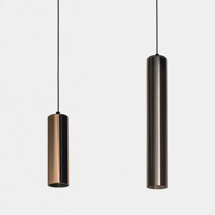 Exclusive Penta Iconica suspension lamp crafted in bronze-toned metal and borosilicate glass with a sculptural conical form