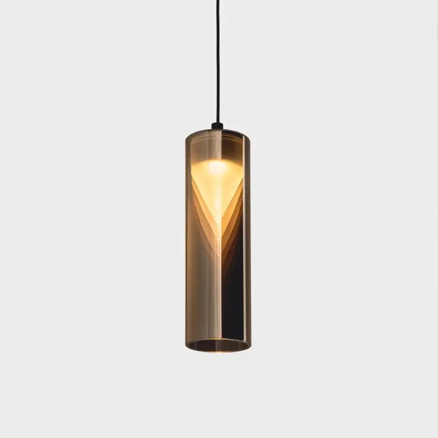 Distinguished Penta Iconica suspension lamp crafted in borosilicate glass with a specular finish and captivating amber-brown gradient coloration