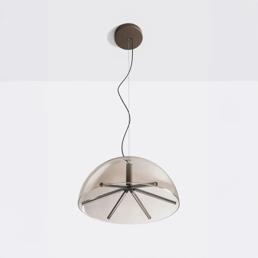 Luxury Penta Runa suspension lamp crafted in transparent borosilicate glass with polished metal and radiant rods within