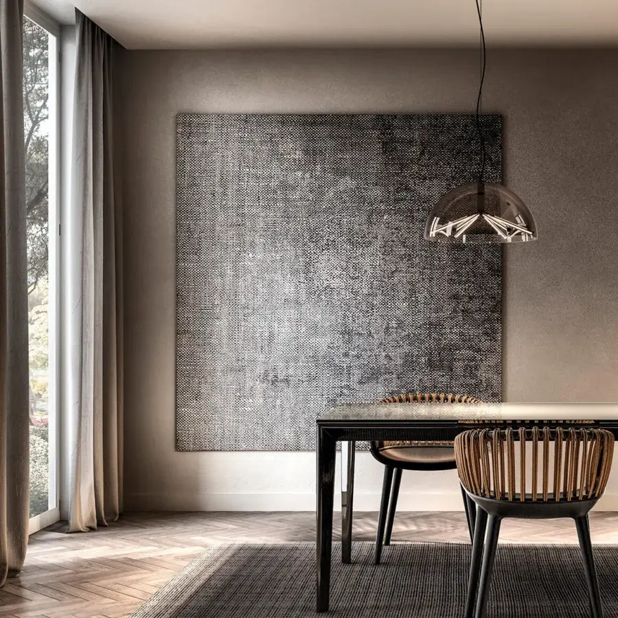 Distinguished Penta Runa suspension lamp crafted in transparent borosilicate glass with an intricate dark metal internal structure and sleek canopy