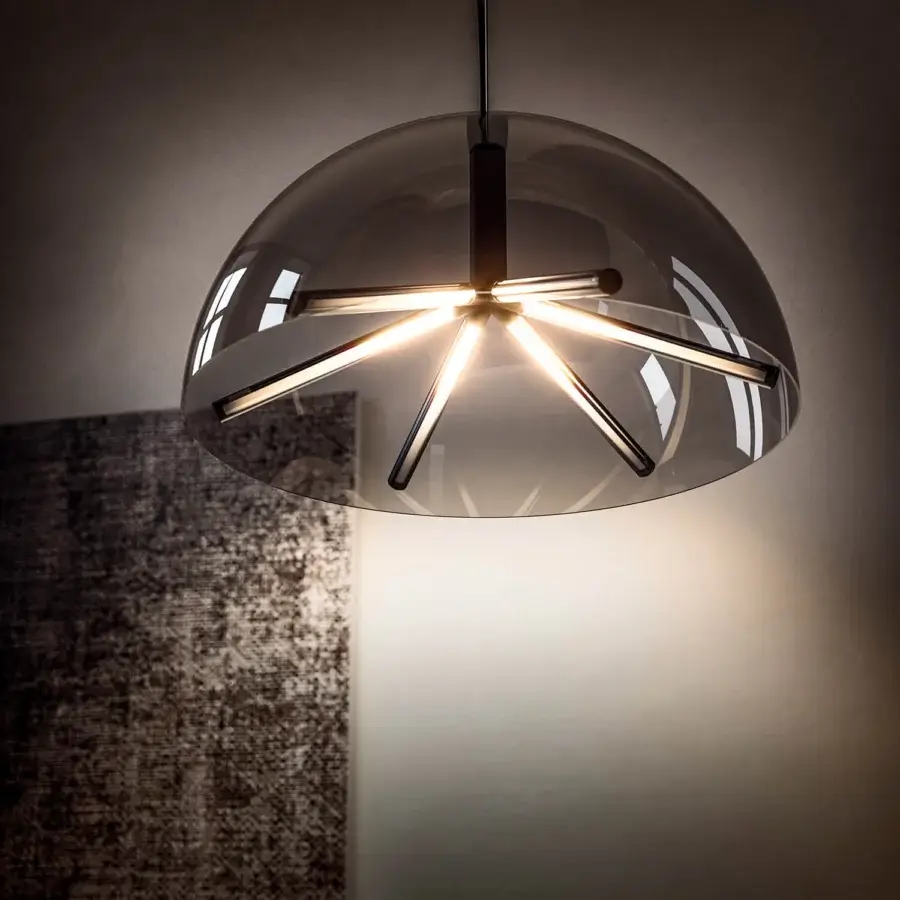 Exceptional Penta Runa suspension lamp with smoky gray borosilicate glass and dark-toned metal framework revealing captivating linear geometry
