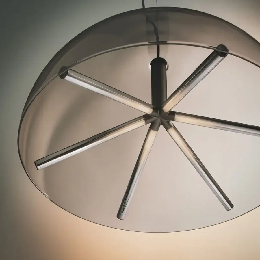 Elegant Penta Runa suspension lamp with translucent white borosilicate glass and satin-finish metallic structure