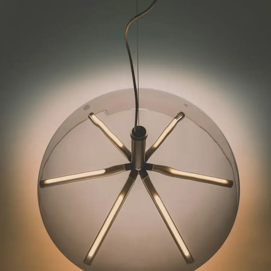Superior Penta Runa suspension lamp with a classical smoky borosilicate glass dome and light-colored satin metal finish