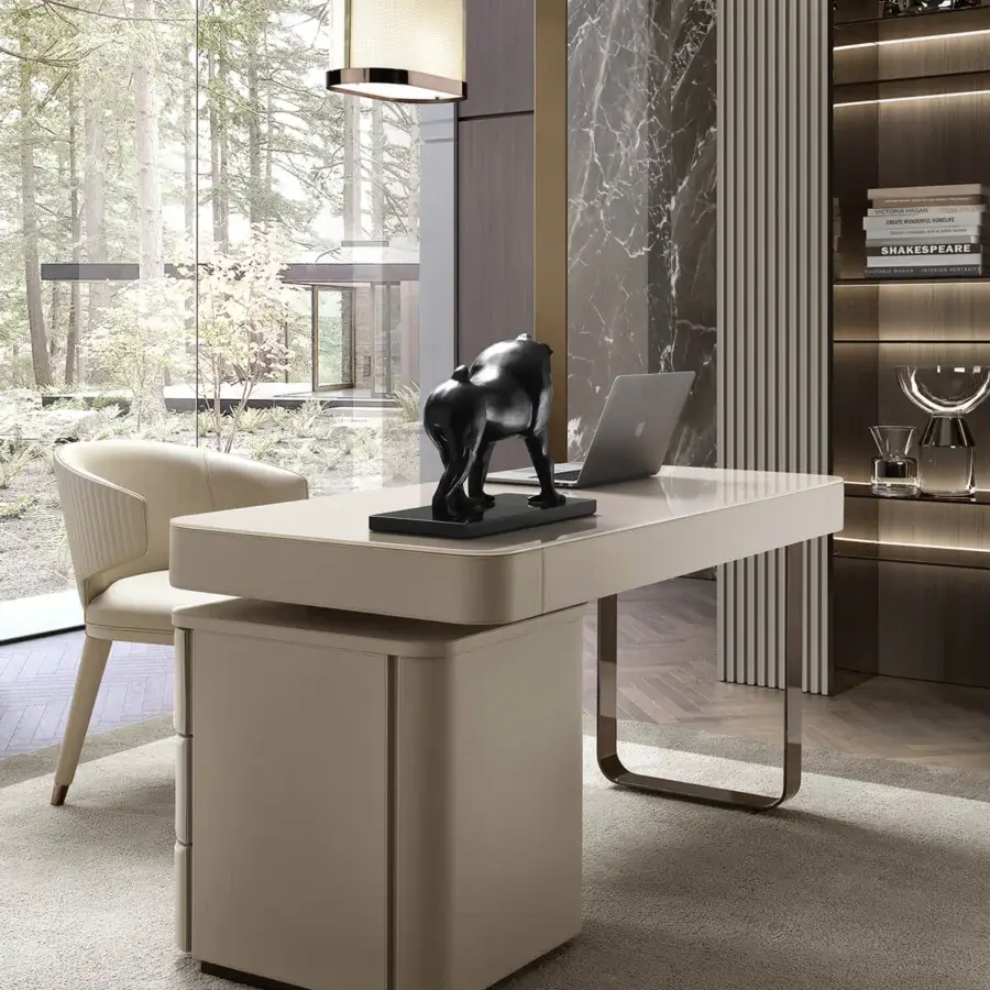 Elegant DV Home Collection Hollywood desk with a matte beige lacquered top and sleek stainless steel base crafted in Italy