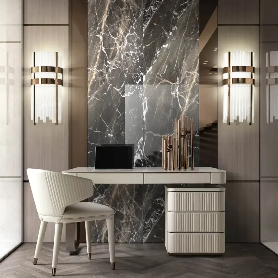 Distinguished DV Home Collection Hollywood desk with a matte beige lacquered top and polished gold-toned stainless steel base