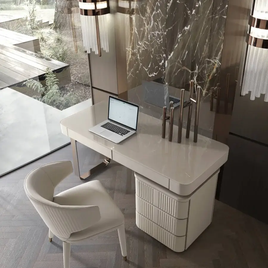 Superior DV Home Collection Hollywood desk with a lacquered off-white top and quilted leather drawer unit