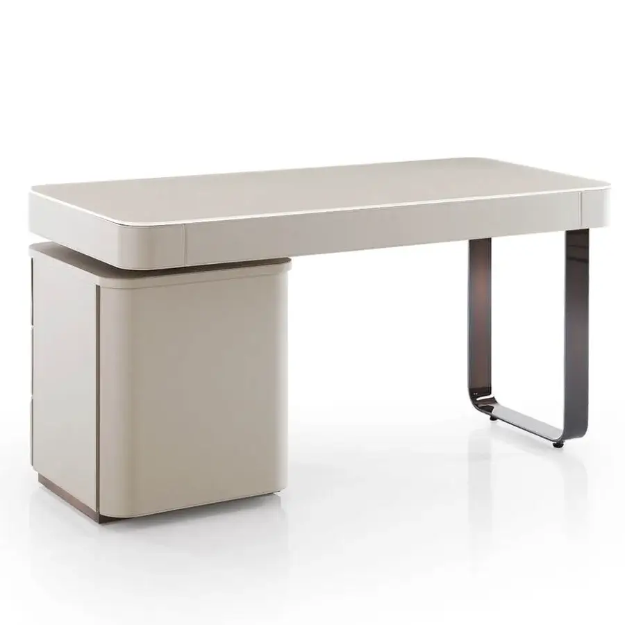 Distinguished DV Home Collection Hollywood desk with a lacquered neutral beige surface and stainless steel base crafted with dark brown accents