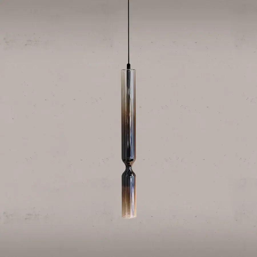 Superior Penta Misty suspension lamp crafted in glass and aluminum with a semi-transparent silver finish and subtle gradient