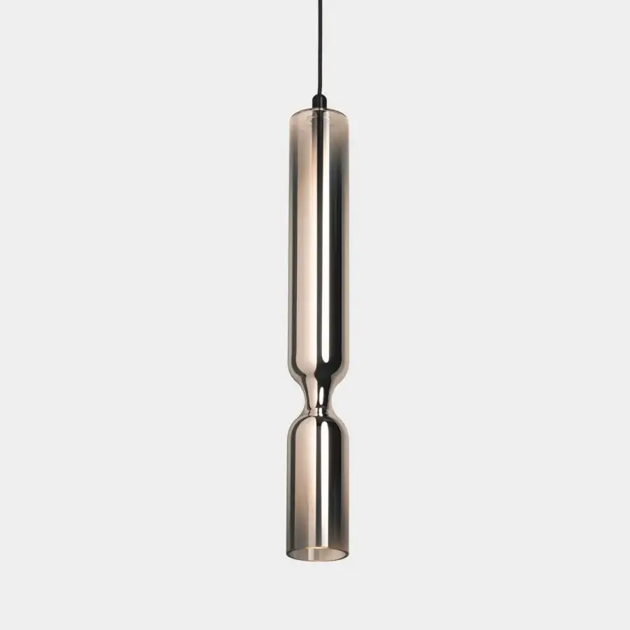 Exceptional Penta Misty suspension lamp crafted in glass with aluminum, exhibiting a semi-transparent silver finish and rose-gold aesthetic