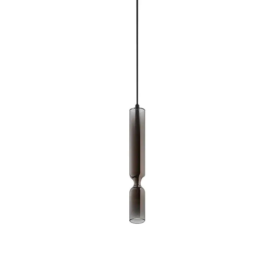 Refined Penta Misty suspension lamp crafted in glass with aluminum, showcasing a semi-transparent smoky gray-brown finish