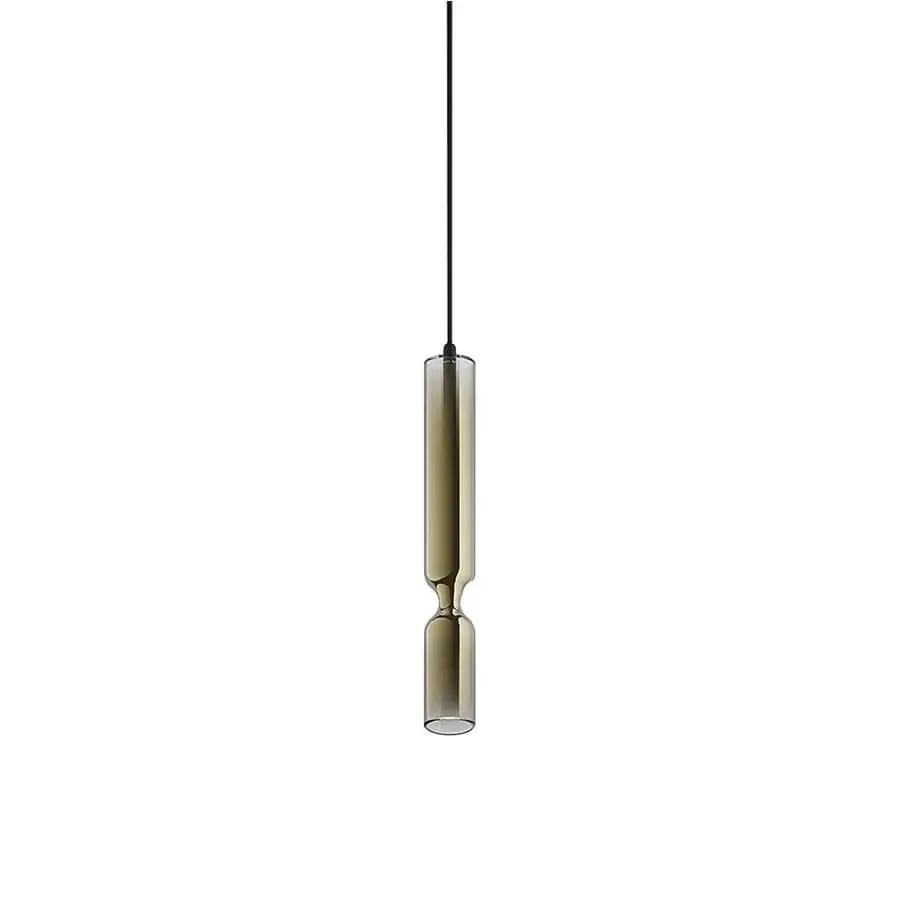 Superior Penta Misty suspension lamp crafted in glass with aluminum, exhibiting a semi-transparent black finish and warm amber tones