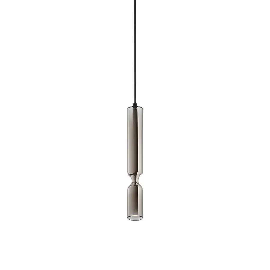 Distinguished Penta Misty suspension lamp crafted in translucent smoky grey glass with silver finish aluminum, presenting a modern aesthetic