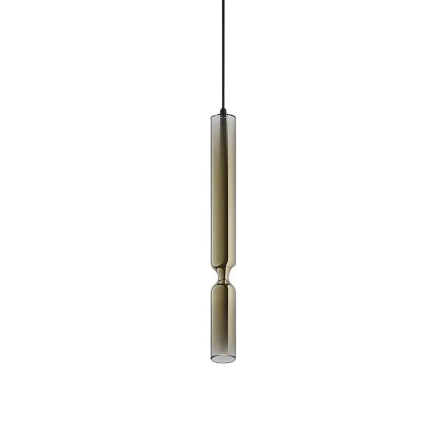 Exceptional Penta Misty suspension lamp crafted in glass and aluminum with a glossy, amber-toned shade creating luminous ambiance