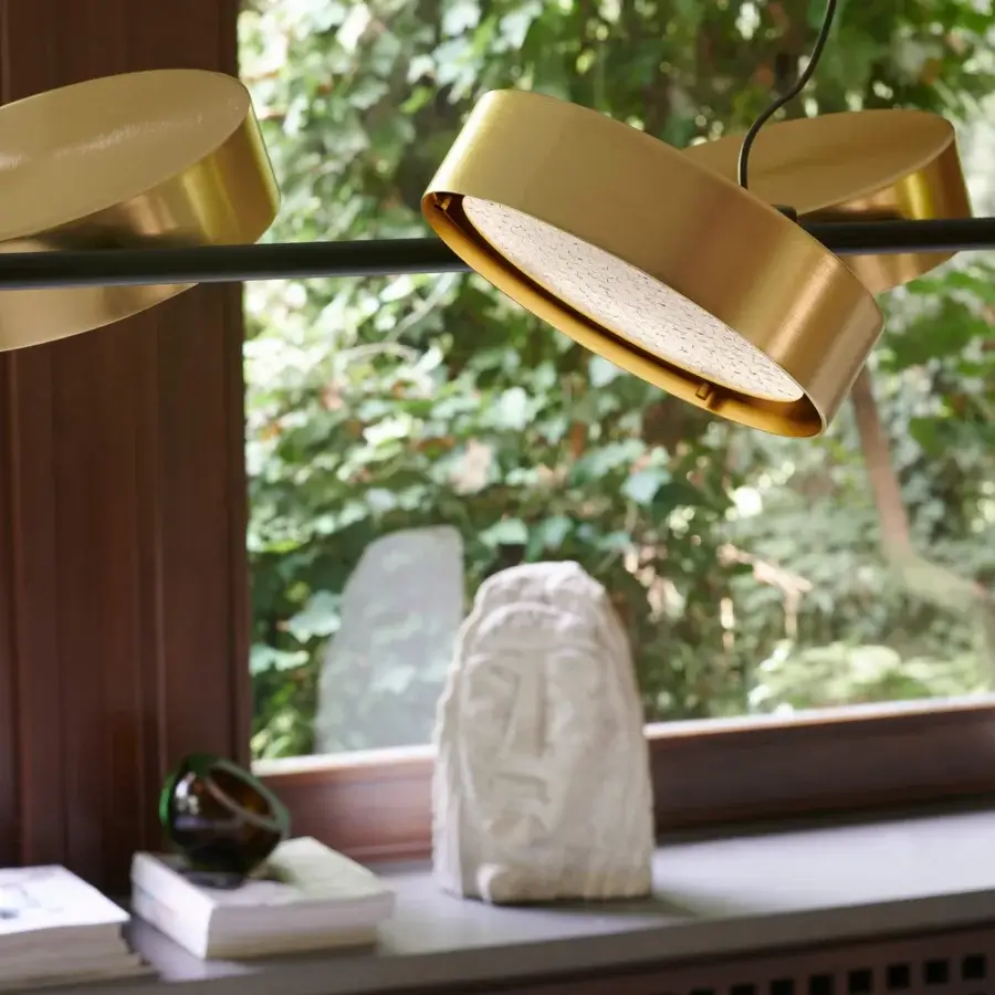 Distinguished Oluce Berlin suspension lamp crafted in metal with wired glass diffusers and a warm satin finish