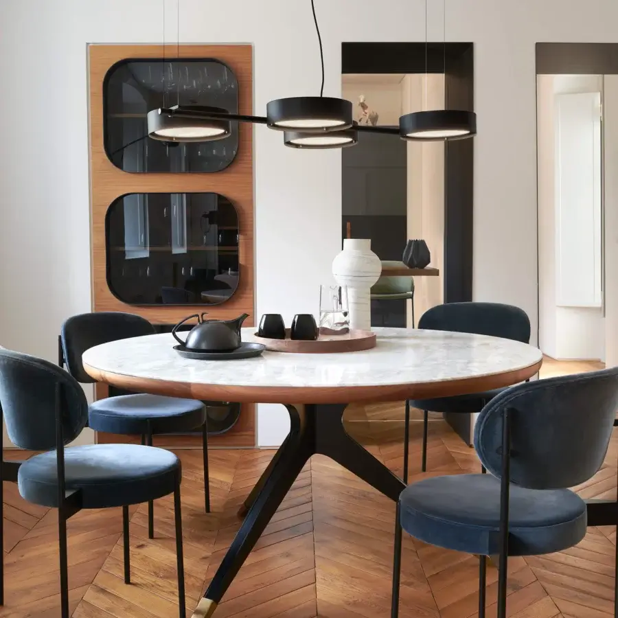 Exclusive Oluce Berlin suspension lamp with rotating wired glass diffusers and a smooth matte black metal form