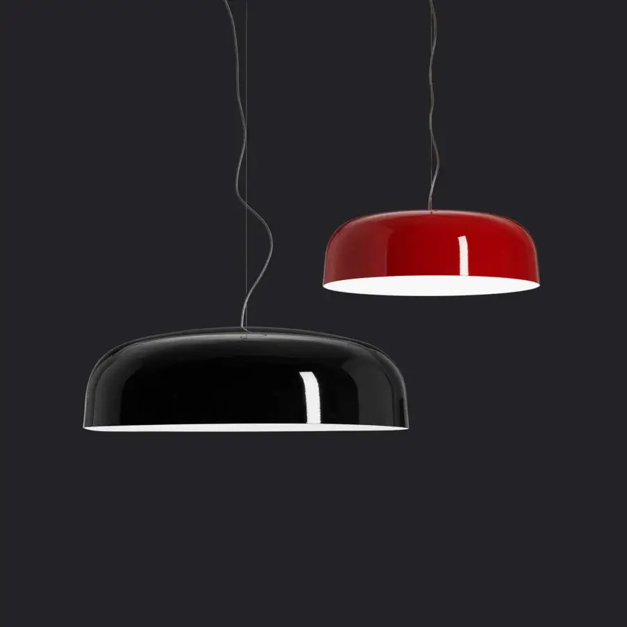 Distinctive Oluce Canopy suspension lamp with a glossy red finish and hemispherical metal form crafted in Italy
